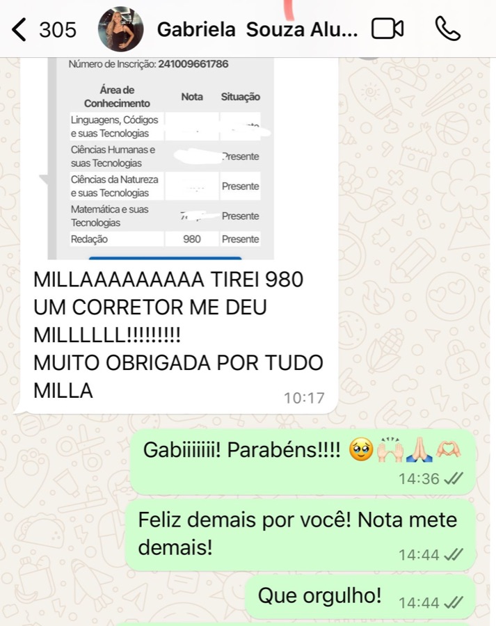 Print de WhatsApp: aluna conta que tirou 980 e que um corretor deu mil