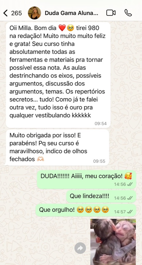 Print de WhatsApp: aluna conta que tirou 980 na redação