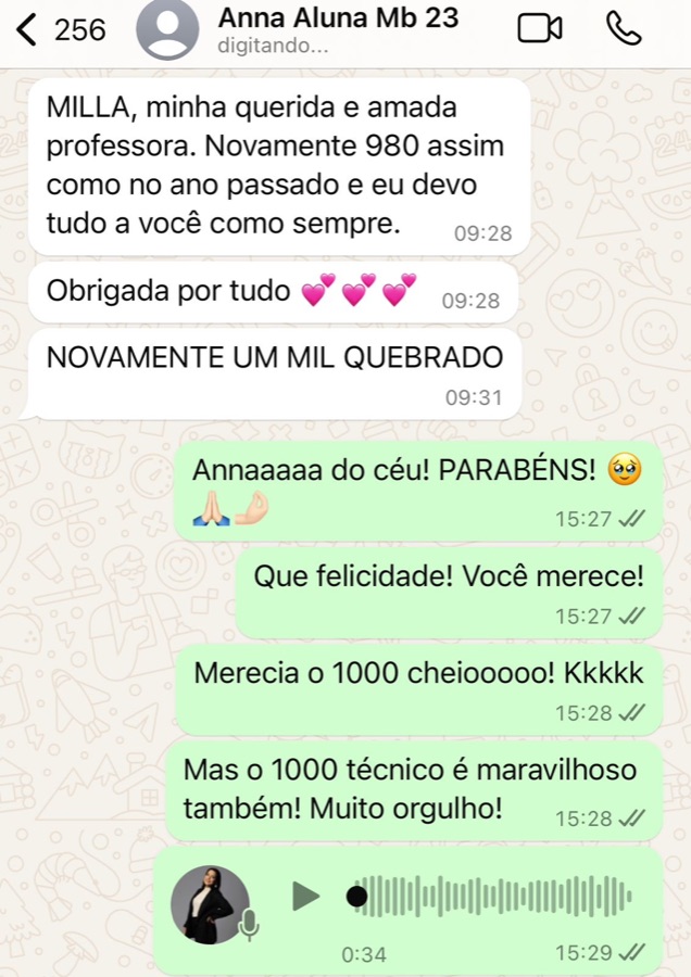 Print de WhatsApp: aluna conta que tirou 980 pela segunda vez